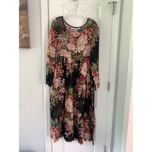Vintage New Options Kate Geddes Floral Rayon Midi Dress Black Sheer Babydoll M